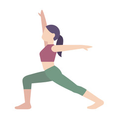 Flat style image of woman in warrior two yoga pose against black background