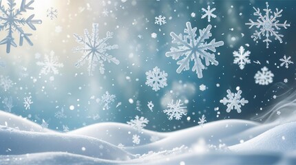 Beautiful winter snowflakes falling on snowy landscape with soft light