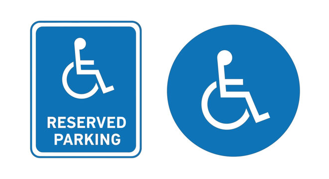 Accessible parking signs reserved and general wheelchair accessibility symbols displayed