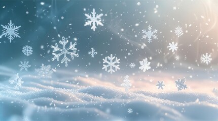 Magical snowfall with glowing snowflakes and soft winter light