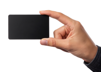  hand holding a blank black plastic card or business card isolated on a transparent background.