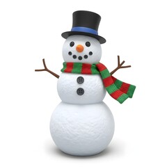 Cheerful snowman with top hat and colorful scarf, classic winter character perfect for Christmas cards and festive holiday illustrations.