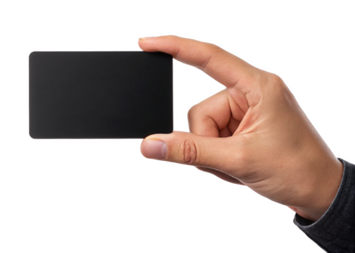  hand holding a blank black plastic card or business card isolated on a transparent background.