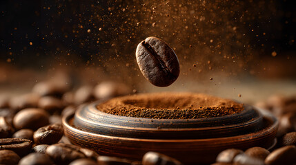 Coffee Bean Levitating Over Ground Coffee floating
