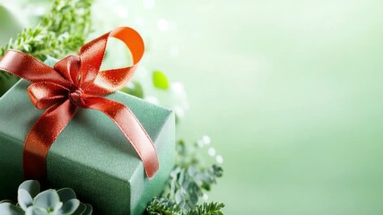 Gift of Elegance: A beautifully wrapped gift box sits, adorned with a lustrous ribbon, amid a soft, green background, evoking feelings of anticipation and thoughtfulness.