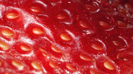 extreme macro of strawberry surface red glossy texture visible seeds juicy highlights hyper realistic food detail