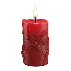 Red Christmas candle with melted wax, warm holiday decoration perfect for cozy festive cards and traditional seasonal celebration designs