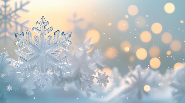Soft focus winter scene with snowflakes and golden bokeh lights