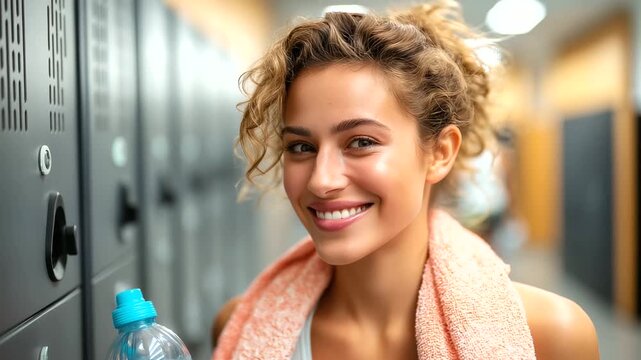 Woman finishing workout, towel over shoulders, water bottle and locker row, satisfied smile, lifestyle portrait, with copy space