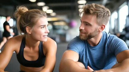 Fitness couple training together, partner-assisted sit-ups, smiling and supportive mood, bright studio, with copy space