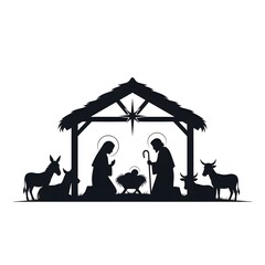 Nativity scene silhouette showing the birth of Jesus, religious Christmas symbol perfect for spiritual holiday cards and Christian celebrations.