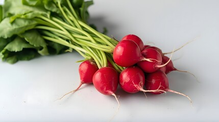 Fresh Radishes: A bunch of vibrant red radishes with their fresh green tops, perfect for culinary creations. Capturing the essence of garden-fresh ingredients.