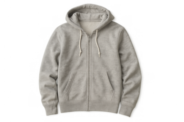 Grey zip-up hoodie, a casual sweatshirt with a comfortable hood and front pockets, displayed on a transparent background