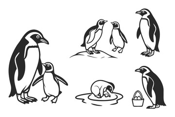 Fototapeta premium Minimalist penguin family icon set with yellow and black accents