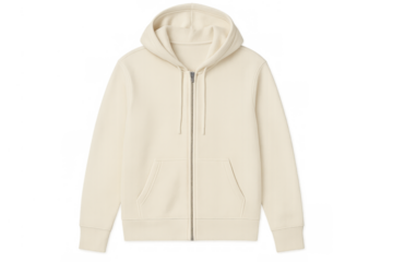 Cream zip-up hoodie featuring a front zipper, drawstring hood, and kangaroo pockets, isolated on transparent background