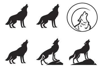Minimalist wolf howling icon set with vibrant colors