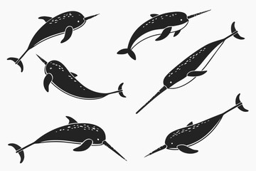 Minimalist narwhal swimming icon set with ocean elements