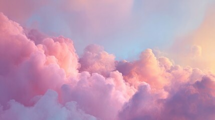 Fototapeta premium Floating layers of pastel clouds with soft depth, airy cotton textures, luminous haze, delicate sky like tones, smooth transitions between pink, baby
