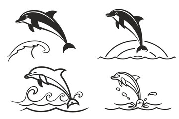 Minimalist dolphin jumping icon set with vibrant colors