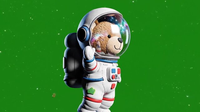 Adorable teddy bear astronaut waving hello from outer space with a green screen background.