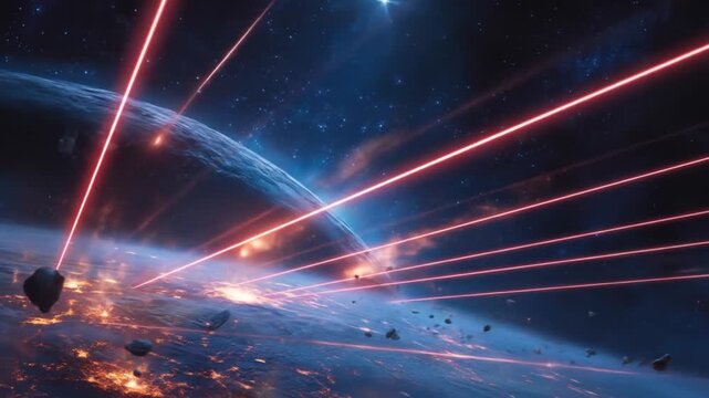 Sci-fi space battle with red laser beams hitting a futuristic planet, accompanied by asteroids and city lights
