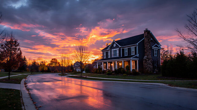 Suburban home at sunset with vibrant sky and wet street suburban house two story