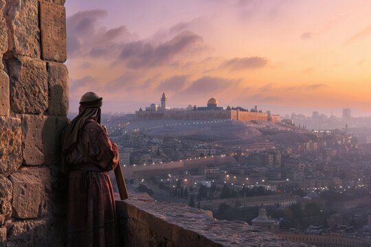 "Photorealistic Scene of Habakkuk Standing on the Jerusalem Watchtower at Dusk with a Rolled Scroll in His Belt, Awaiting a Divine Answer as the Babylonian Army Appears on the Horizon"