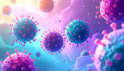 A vivid 3D illustration of colorful, spiky virus particles floating in a soft gradient background, with detailed surface proteins and a glowing, dynamic microscopic atmosphere.