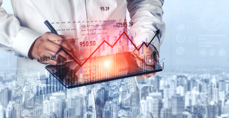 A business analyst utilizes a tablet to display financial graphs and data overlays, showcasing growth and success in a modern city backdrop, ideal for finance and business themes. Scalp