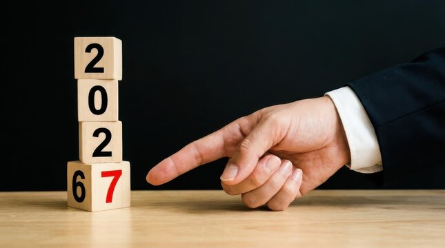 2026 transition to 2027 Planning and Change – Businessman Pointing to Year Transition Block Stack