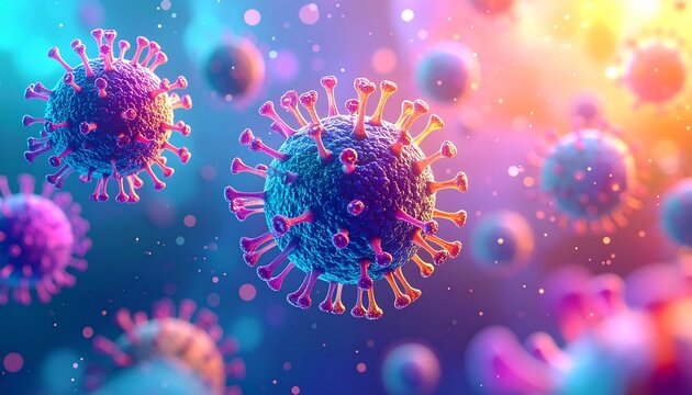 A vivid 3D illustration of colorful, spiky virus particles floating in a soft gradient background, with detailed surface proteins and a glowing, dynamic microscopic atmosphere.