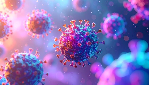 A vivid 3D illustration of colorful, spiky virus particles floating in a soft gradient background, with detailed surface proteins and a glowing, dynamic microscopic atmosphere.