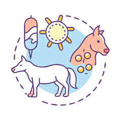 Cartoon image showcasing stylized black dog pink horse with sun on blue background