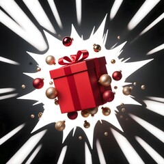 Red gift box exploding with Christmas ball ornaments on comic burst background