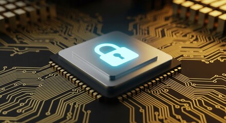 Microchip with glowing padlock icon on a circuit board, representing digital security, data protection, and advanced cybersecurity technology