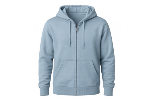 Light blue zip-up hoodie with a hood and long sleeves, showing comfortable casual apparel for fashion, mockups, and everyday wear