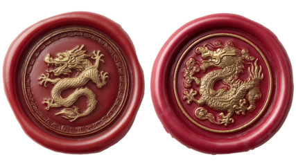 Two red wax seals with a golden dragon. Round shape, Chinese ornament, isolate on a transparent background. Themes of the Chinese New Year and the Year of the Dragon.