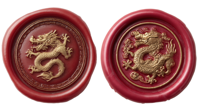 Two red wax seals with a golden dragon. Round shape, Chinese ornament, isolate on a transparent background. Themes of the Chinese New Year and the Year of the Dragon.