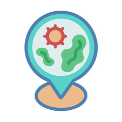 Stylized location pin icon with miniature landscape including sun and greenery