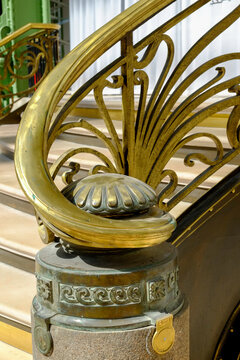 Paris, France. Art Nouveau staircase with ornate iron railing 