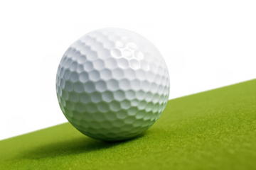 Golf ball sitting on a green putting surface, creating a shadow, with a transparent background for easy compositing