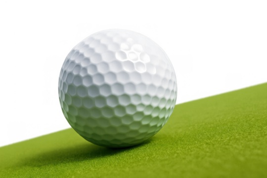 Golf ball sitting on a green putting surface, creating a shadow, with a transparent background for easy compositing