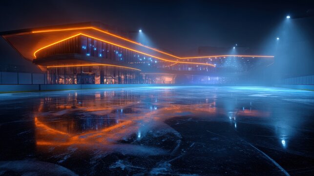 Futuristic ice arena with glowing neon lines marking the rink, foggy atmosphere, modern architecture in the background, vibrant reflections on ice - Powered by Adobe