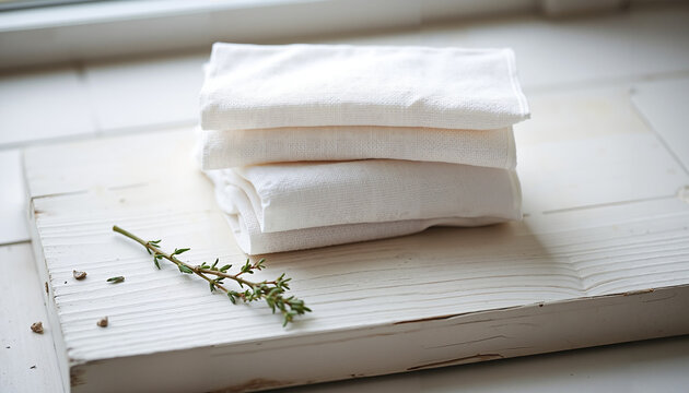 Neatly folded white linen towels on a rustic wooden surface with a sprig of fresh thyme – a minimalist spa or home wellness style.