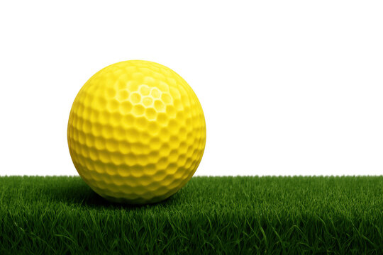 Yellow golf ball resting on green grass texture, transparent background, sports equipment close-up, playing game concept