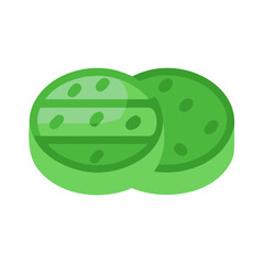 Two green lozenges with darker spots and stripes on a black background