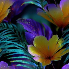 Seamless pattern of tropical flowers with bright colors and soft glow creating vibrant floral scene in dark artistic nature design