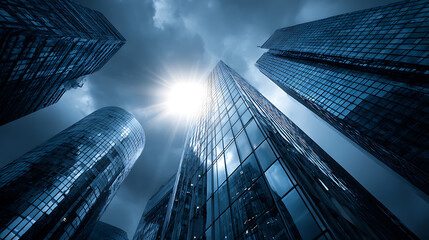 Tall glass skyscrapers reaching towards bright sun glass buildings modern architecture