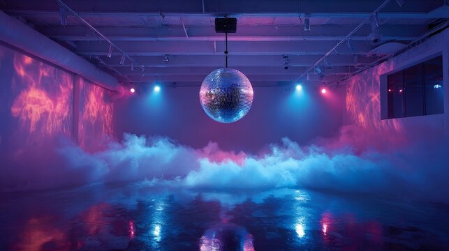 A disco ball reflects colorful lights in a foggy room, enhancing the lively ambiance ideal for parties and events, with ample copy space for text or graphics