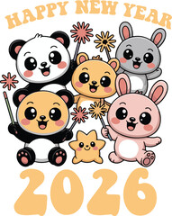 A modern 2026 New Year t-shirt design collection featuring bold typography, festive graphics, and a clean vector style